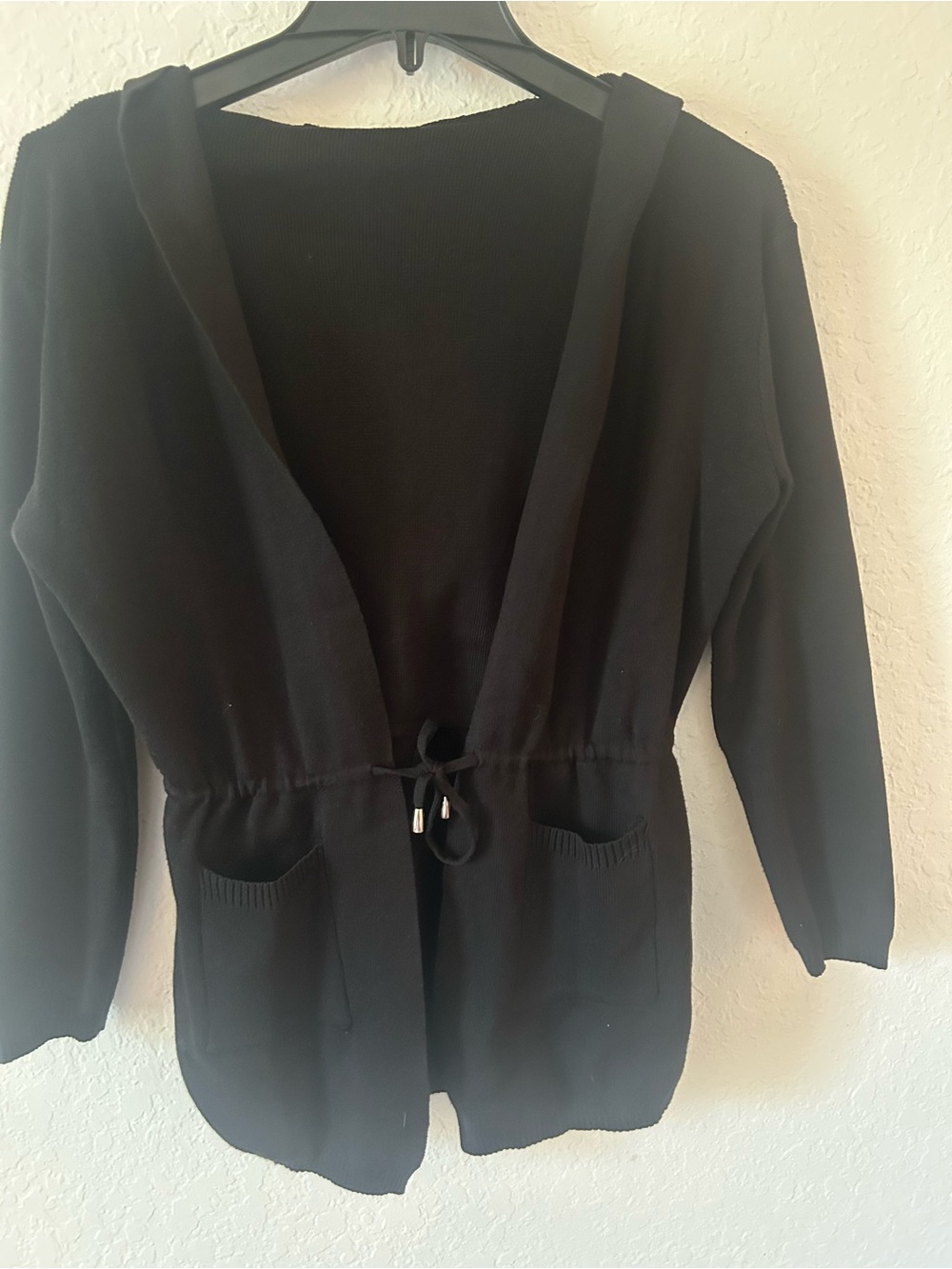 SHEIN Black Knit Hoodie Cardigan with Drawstring